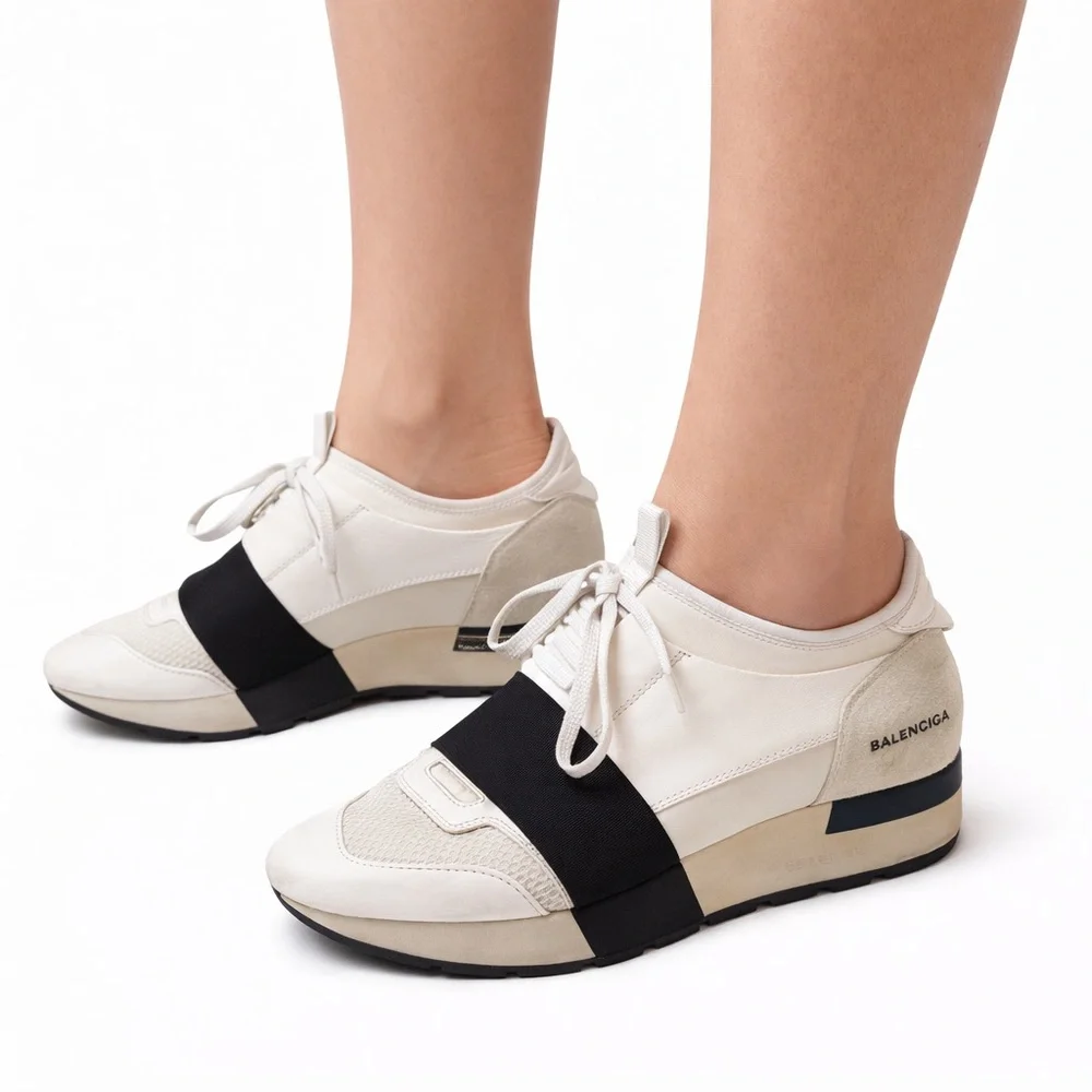 Balenciaga White Sneakers with Black Elastic Band | Designer Statement Shoes - Picture 1 of 7